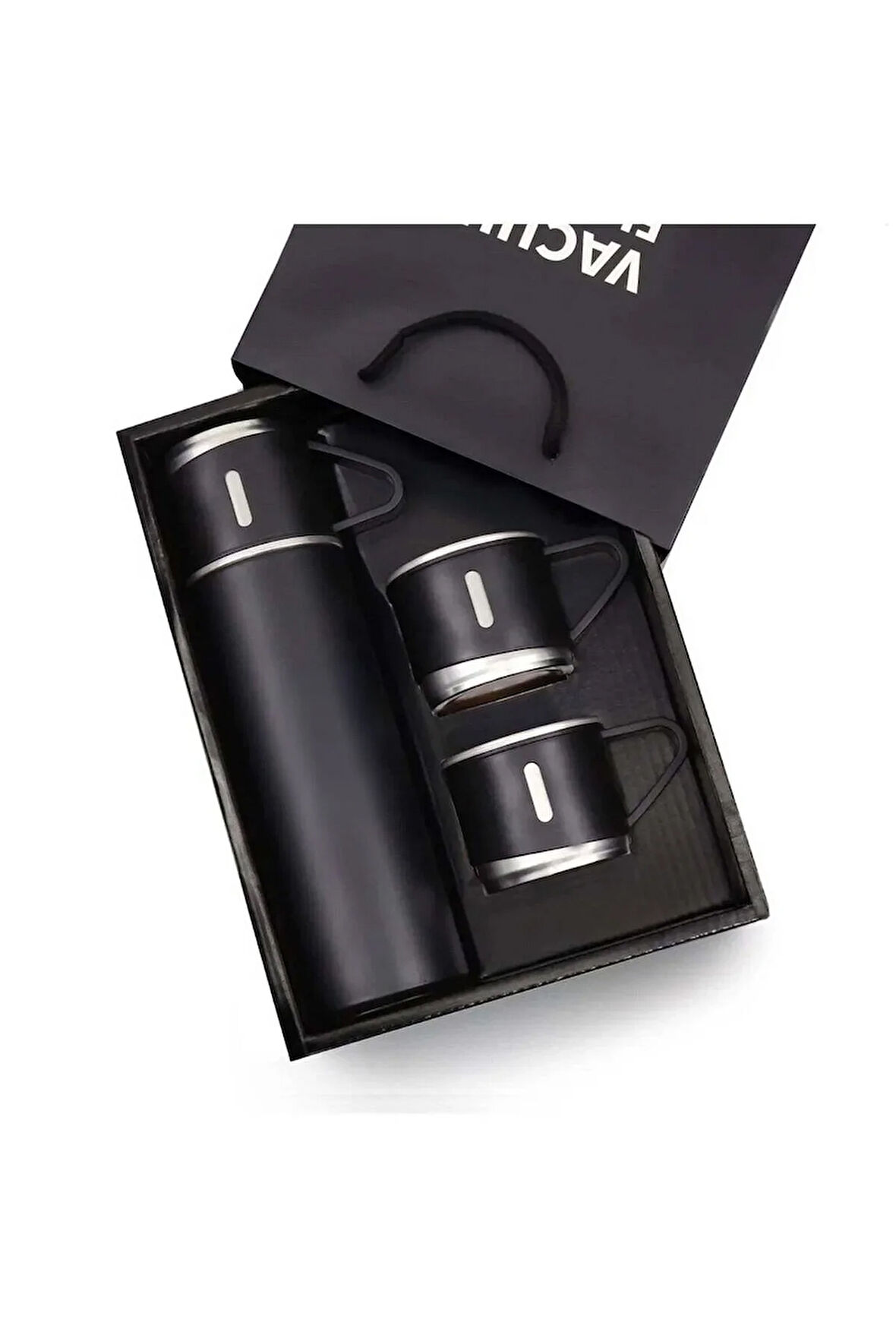 3 Bardaklı Siyah Termos