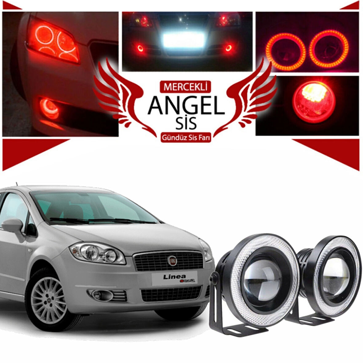 Fiat Linea Uyumlu, Universal Mercekli Led Angel Sis Farı, 76mm Kırmızı Renk