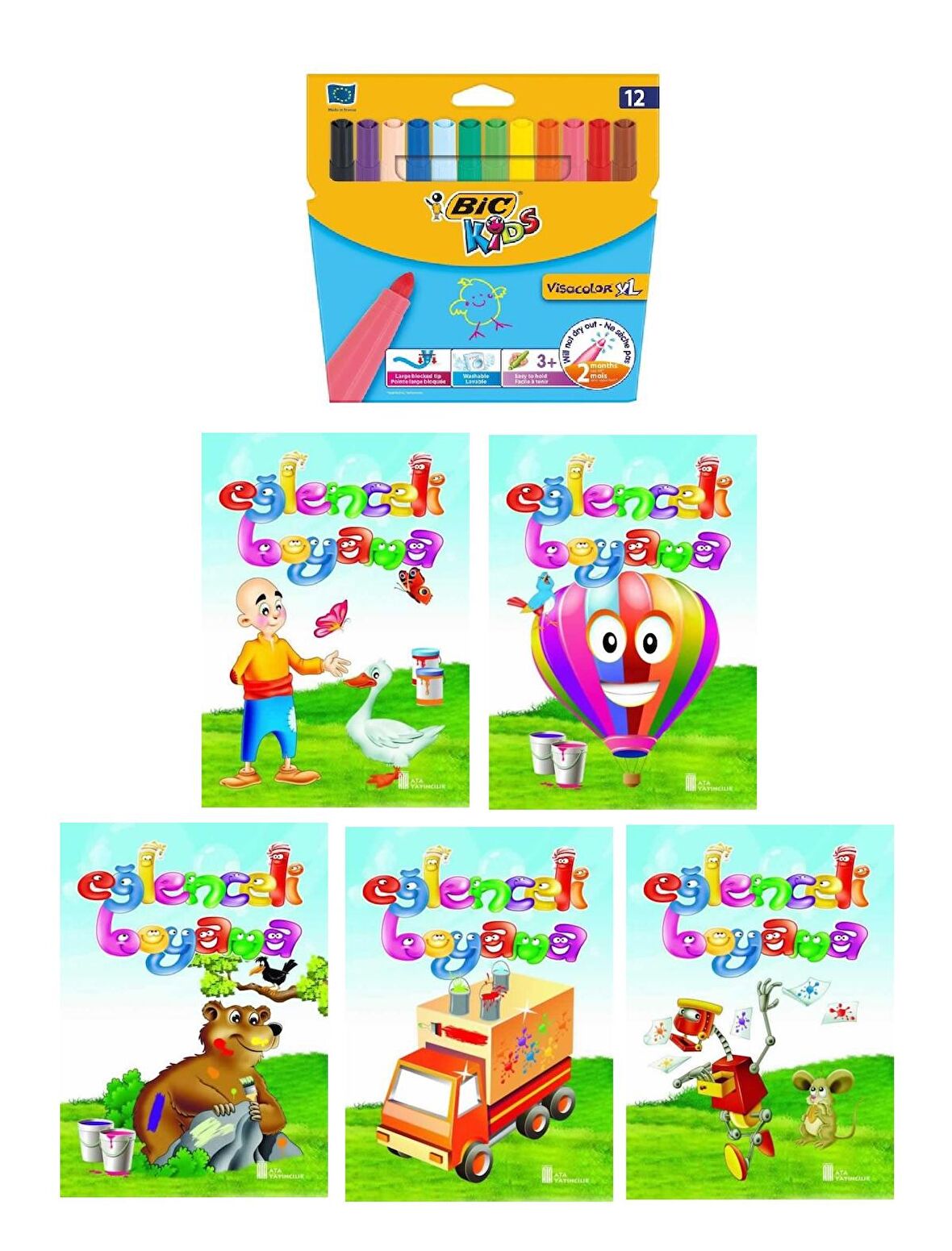 3-6 Yaş Eğlenceli Boyama Kitapları 5 li +Bic Kids XL12 li Keçeli Boya (Jumbo)