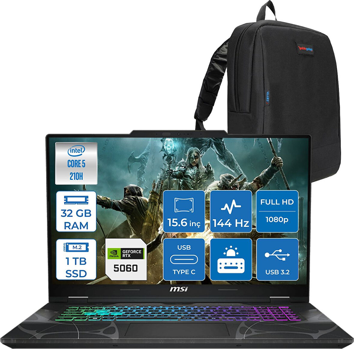 Msı Cyborg 15 Intel Core 5 210H 32GB Ddr5 1tb SSD RTX5060 Gddr7 8gb Freedos 15.6" Fhd (1920X1080) 144HZ Taşınabilir Bilgisayar B2RWFKG207XTRF13 + Zetta Çanta