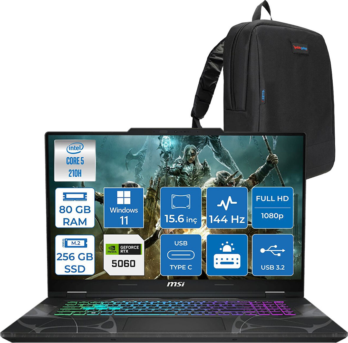 Msı Cyborg 15 Intel Core 5 210H 80GB Ddr5 256GB SSD RTX5060 Gddr7 8gb Windows 11 Pro 15.6" Fhd (1920X1080) 144HZ Taşınabilir Bilgisayar B2RWFKG207XTRP31 + Zetta Çanta