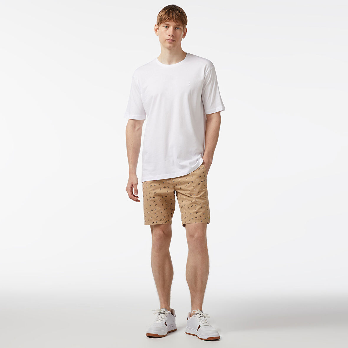 Nautica Erkek Bej Slim Fit Baskılı Bermuda