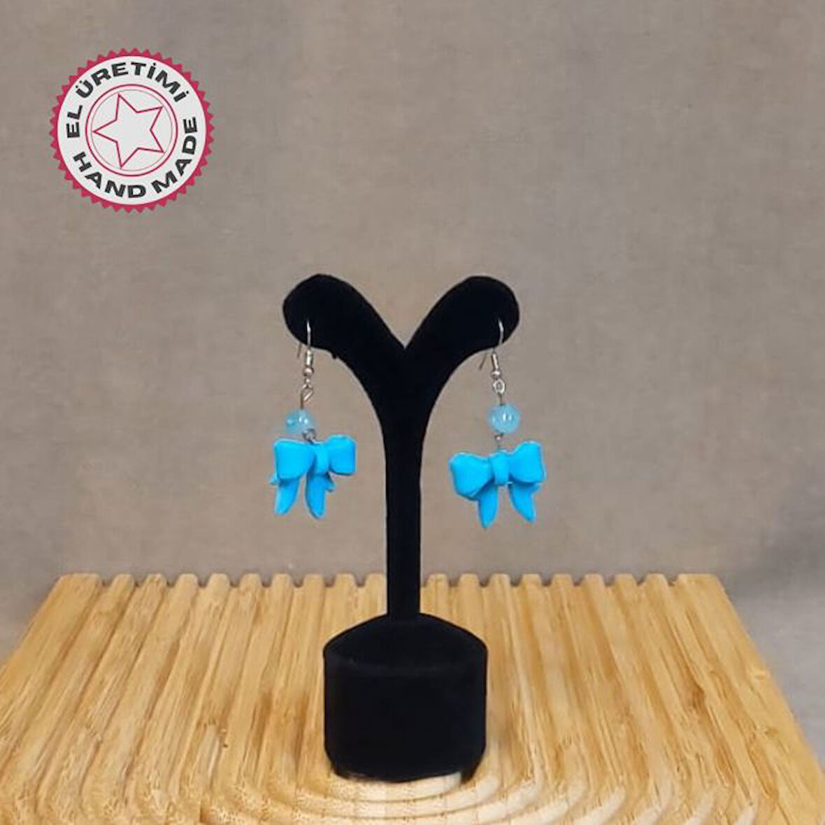 Uretti - Hatice 4962 7545 El Yapımı Mavi Akik Taşlı Polimer Kil Fiyonk Küpe