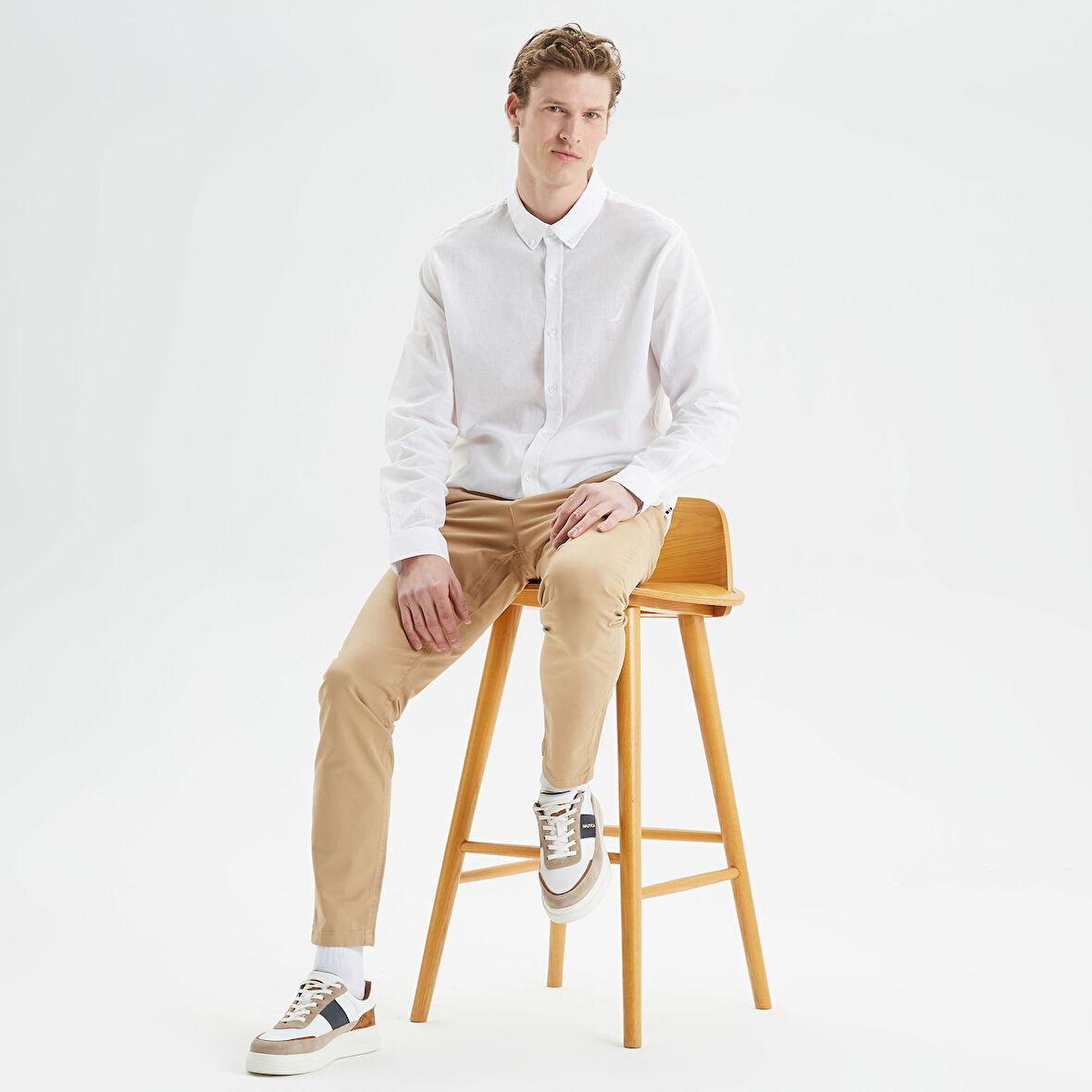 Nautica Erkek Beyaz Slim Fit Uzun Kollu Keten Gömlek