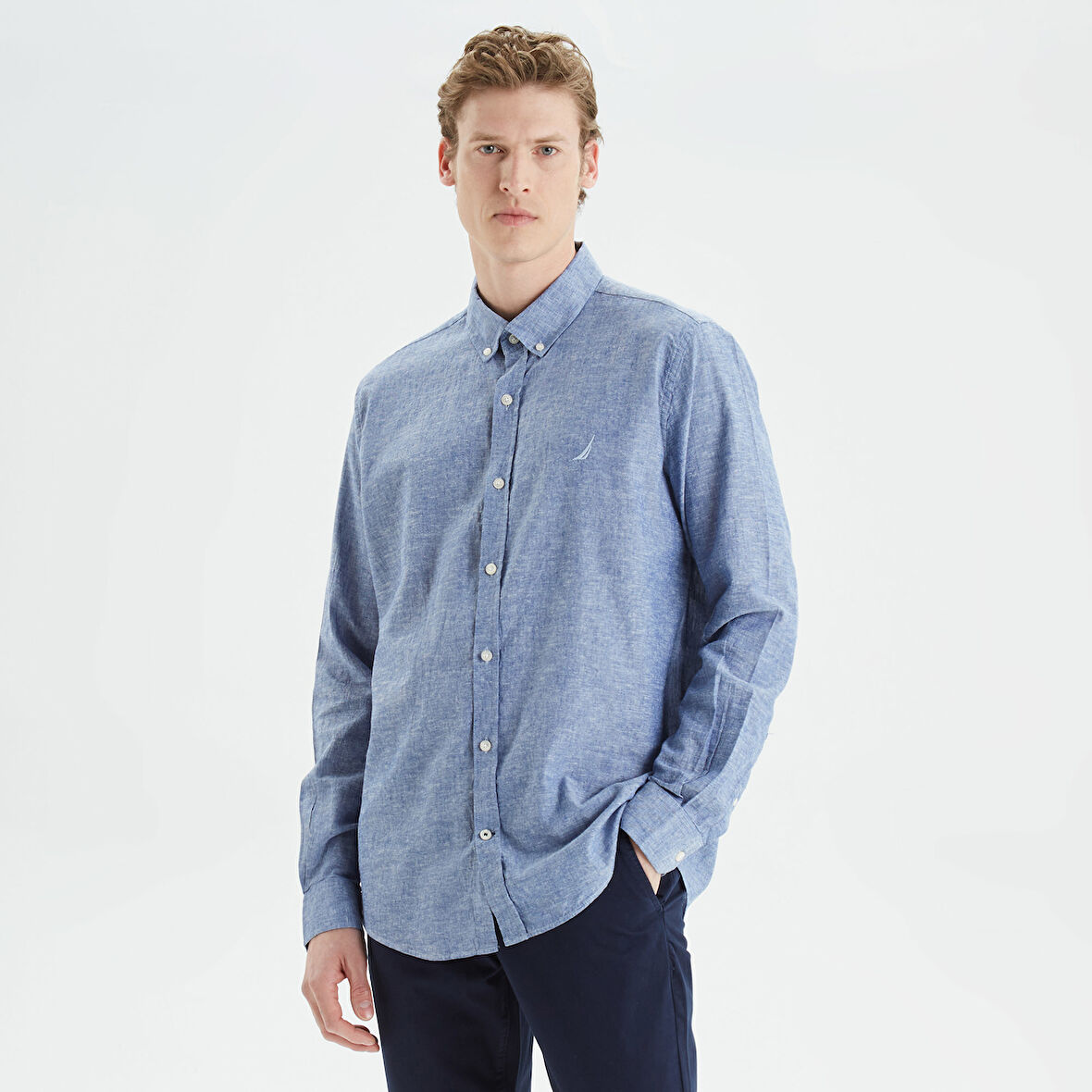 Nautica Erkek Mavi Slim Fit Uzun Kollu Keten Gömlek