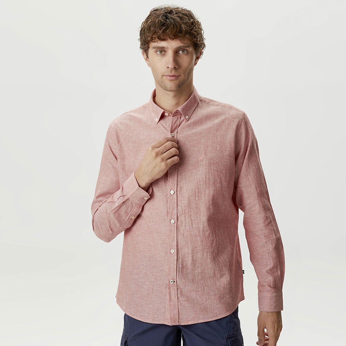 Nautica Erkek Bordo Slim Fit Uzun Kollu Keten Gömlek