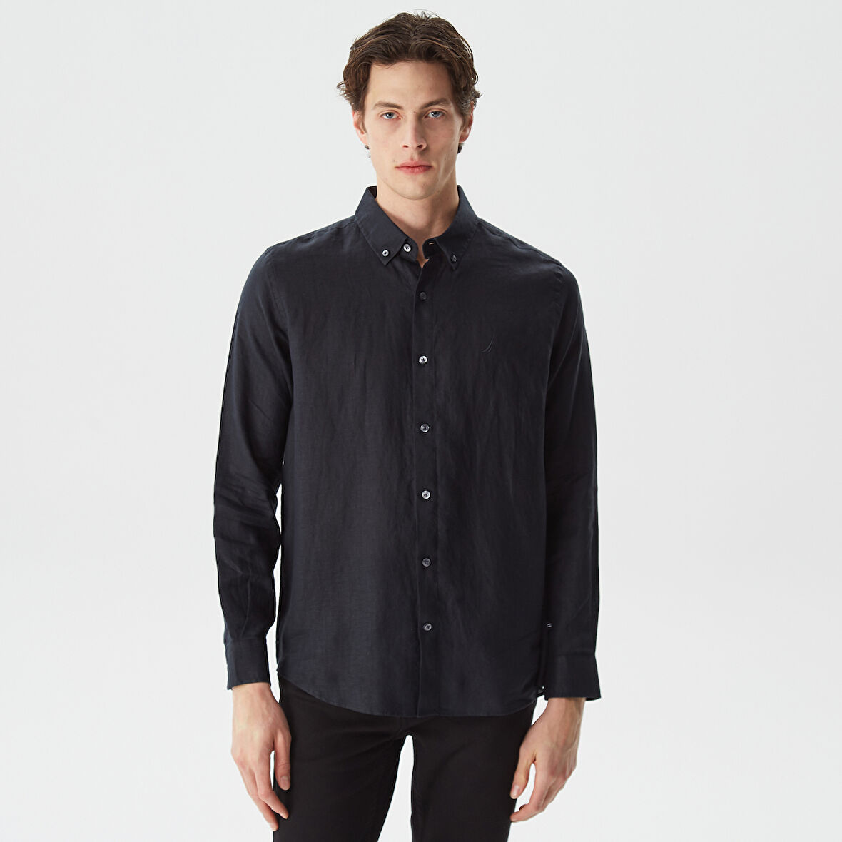 Nautica Erkek Siyah Classic Fit Uzun Kollu Keten Gömlek