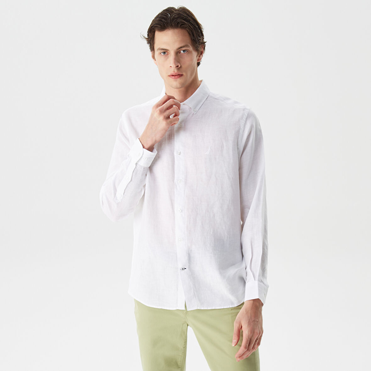 Nautica Erkek Beyaz Classic Fit Uzun Kollu Keten Gömlek