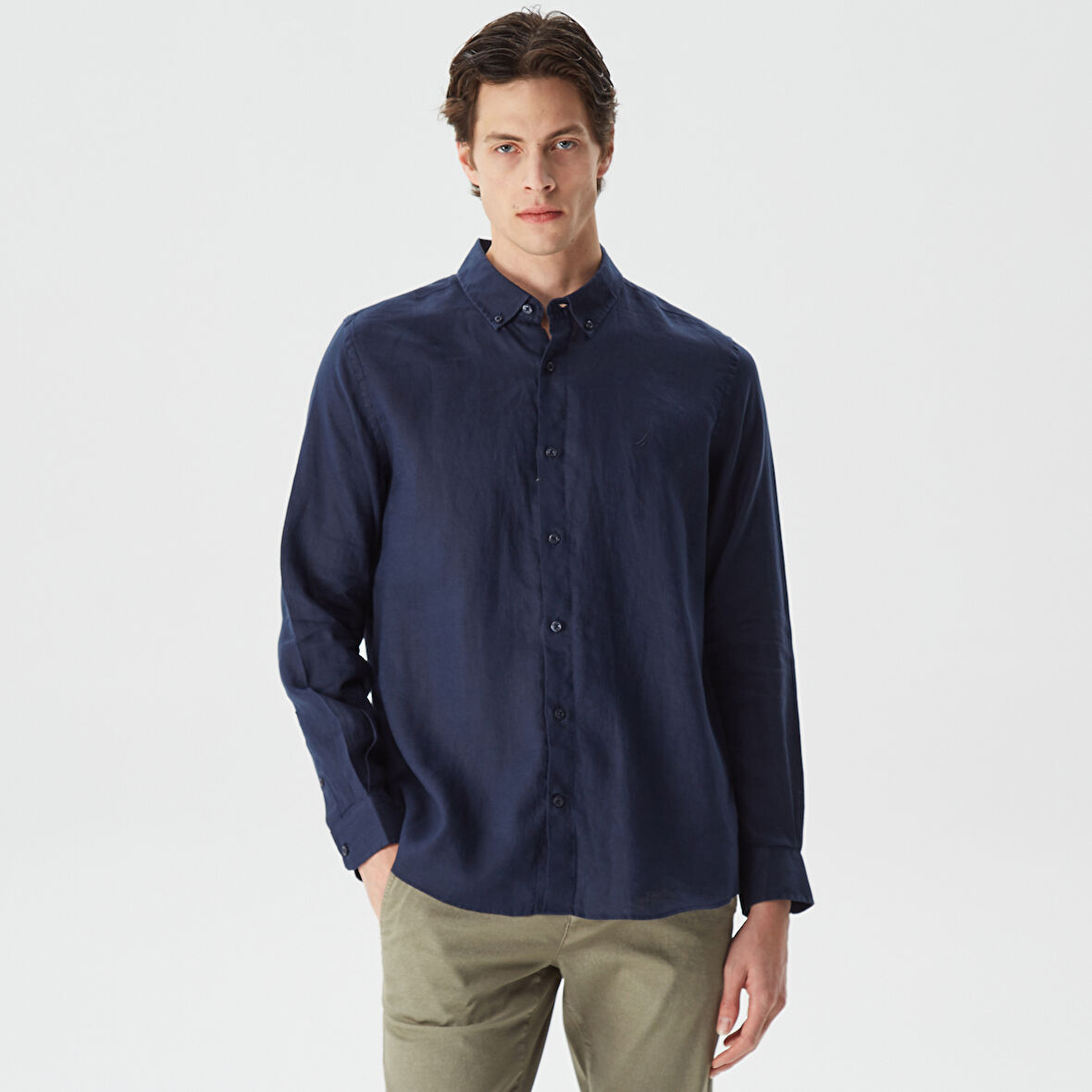 Nautica Erkek Lacivert Classic Fit Uzun Kollu Keten Gömlek