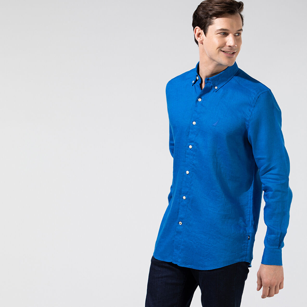 Nautica Erkek Mavi Classic Fit Uzun Kollu Keten Gömlek