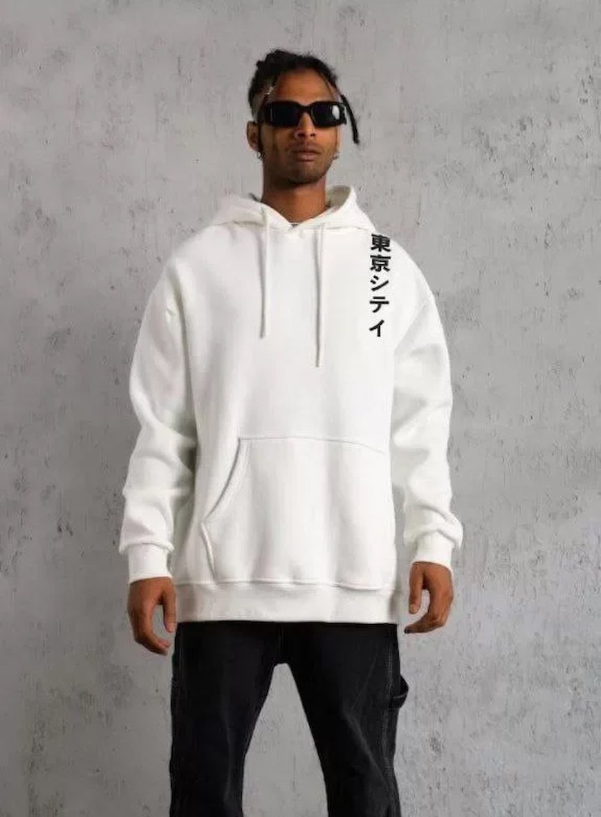 Kadın Günlük Stil Beyaz Vintage Poster Stil Uzun Kol Kapüşonlu Sweatshirt