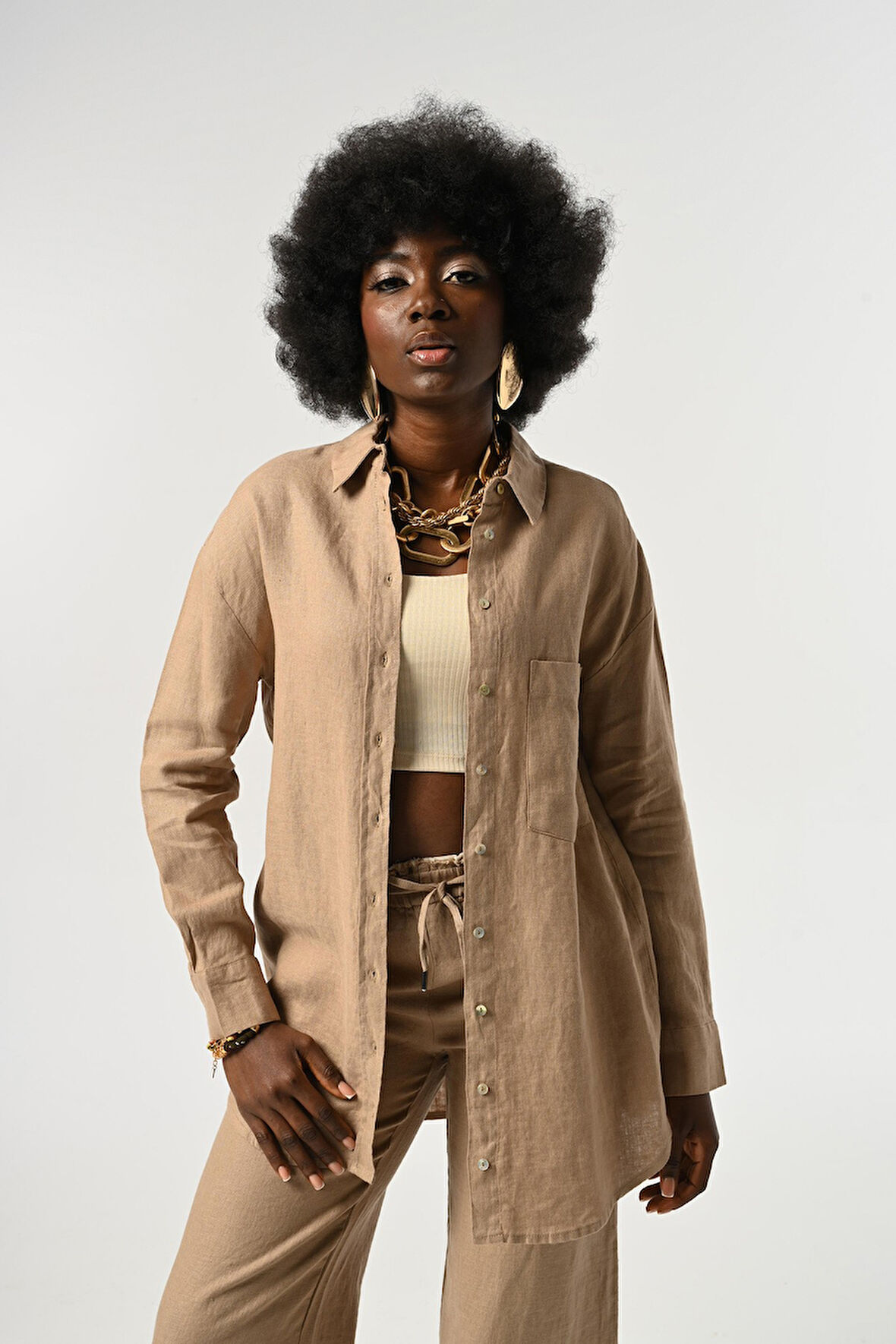 KADIN %100 KETEN TEK CEPLİ GÖMLEK