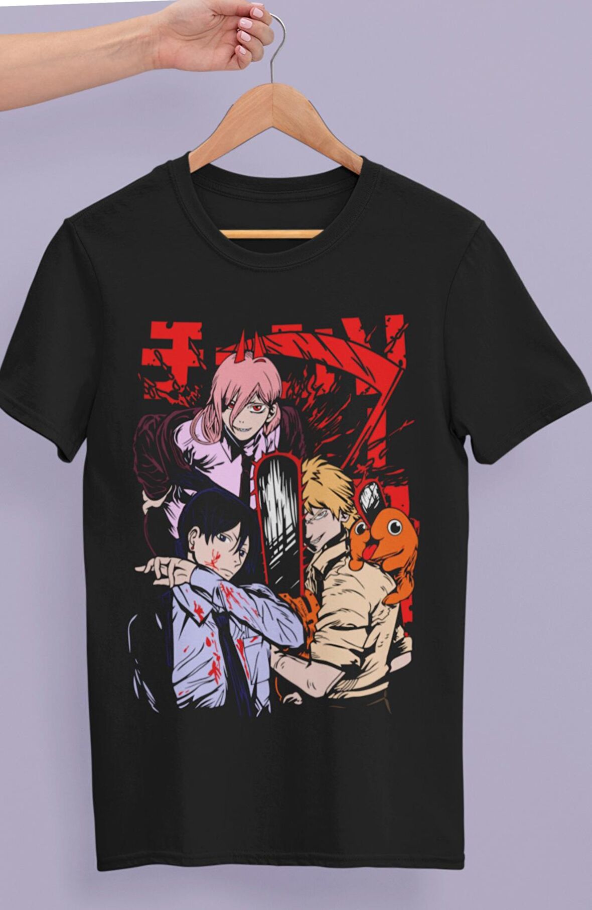 Oversize Chainsaw Man Karakterleri Baskılı T-shirt, Unisex Anime Baskılı Tişört