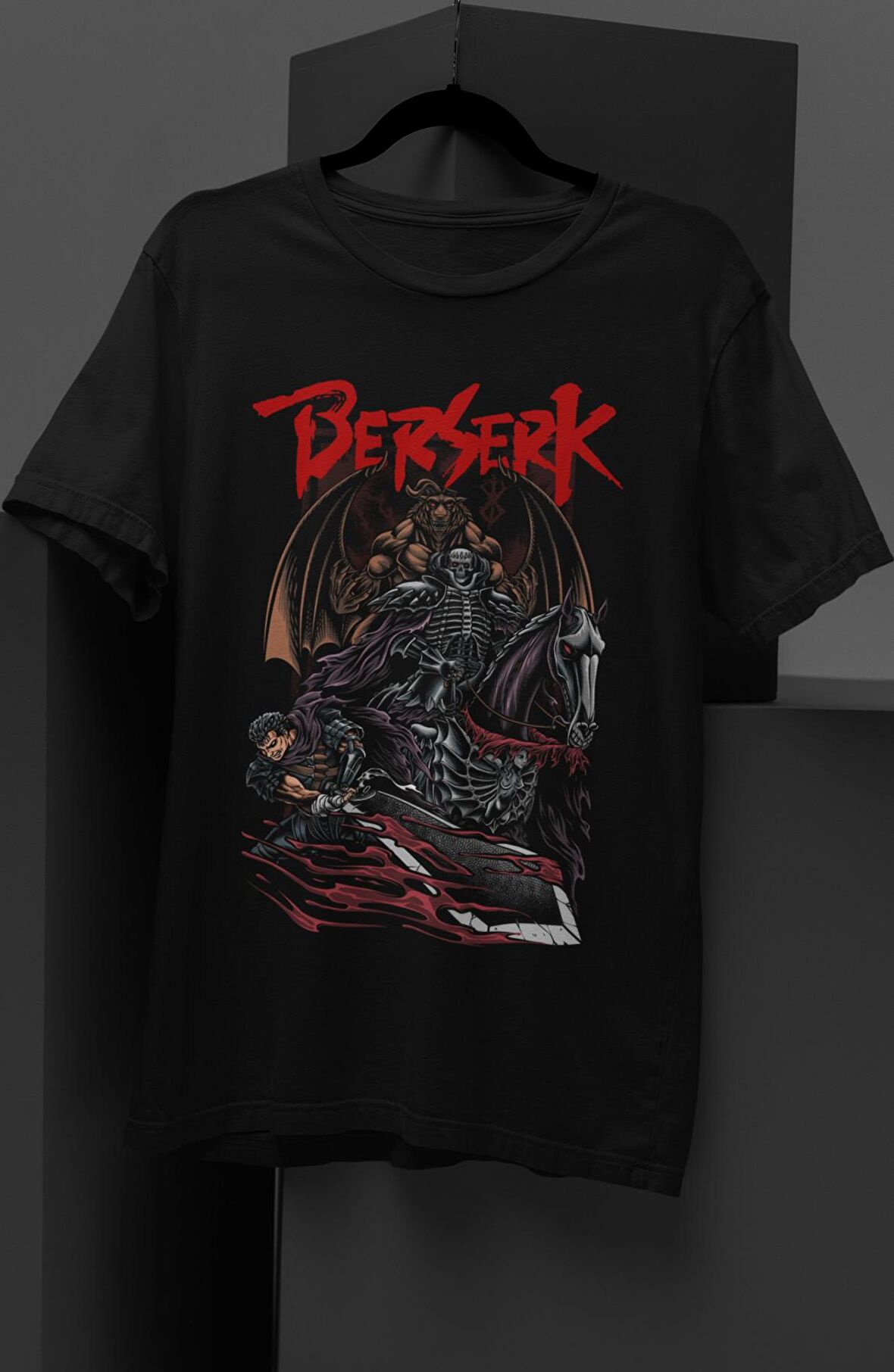 Unisex Special Design Guts Berserk Baskılı Tişört, Oversize Anime Baskılı T-Shirt