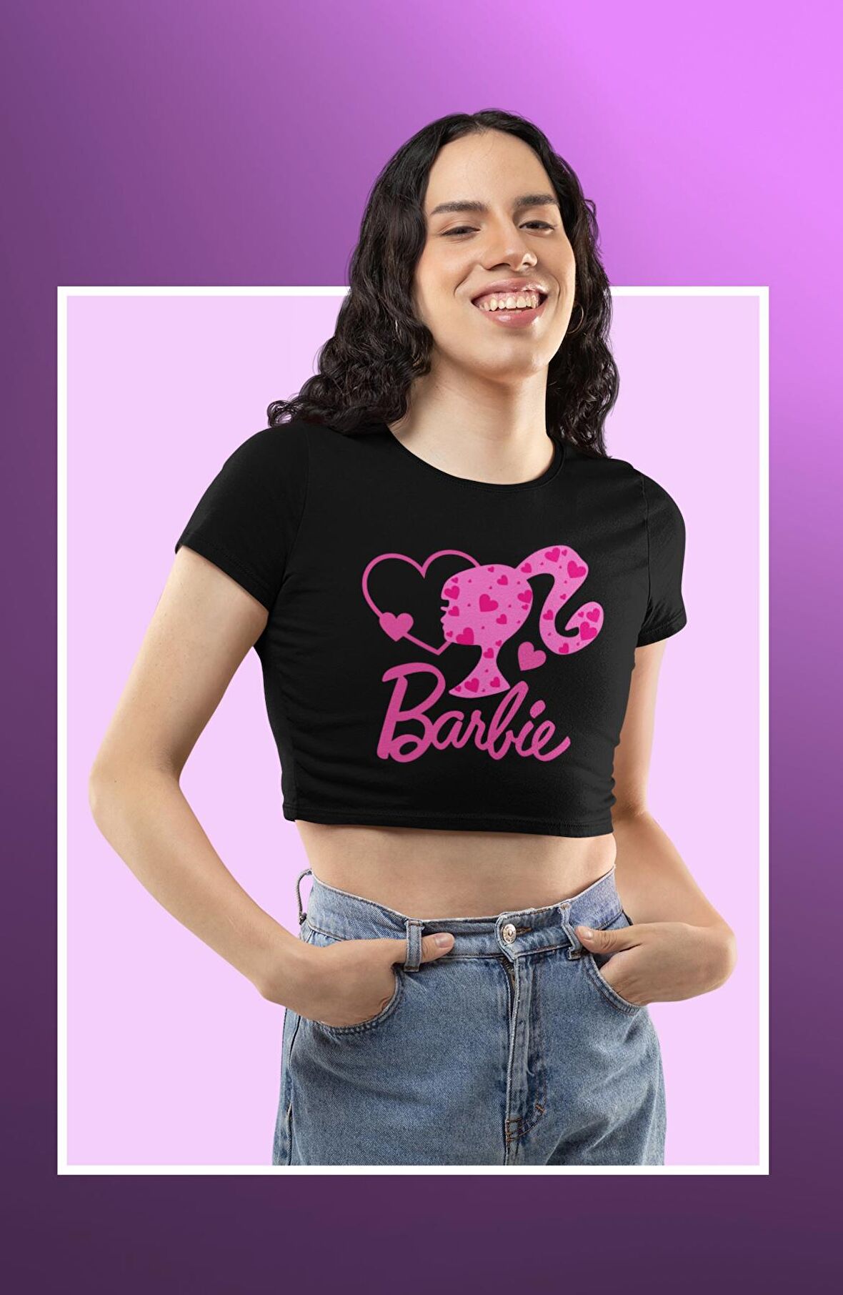 Kalpli Barbie Baskılı Crop Top, Kadın Pembe Barbie Bebek Crop Bluz