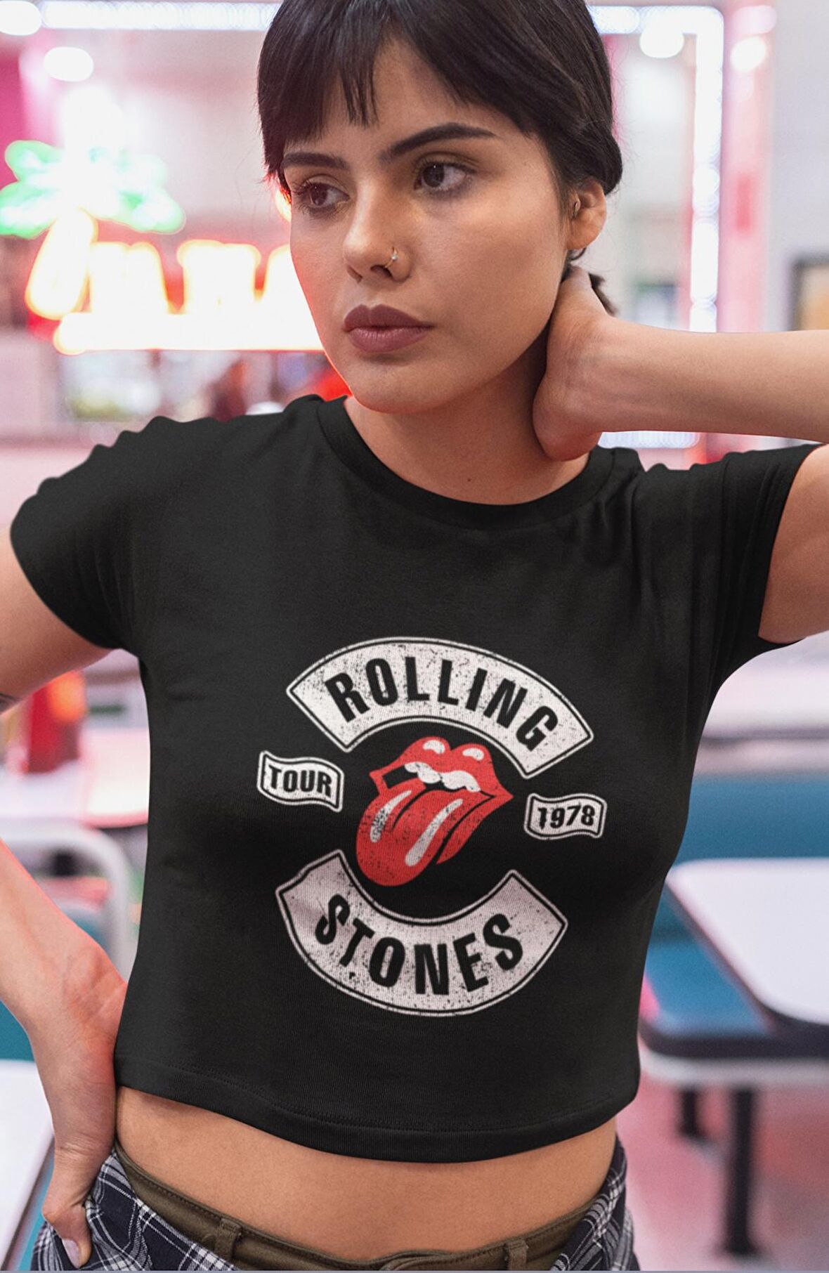 The Rolling Stones Baskılı Crop Top, Kadın Rock Temalı Crop Bluz