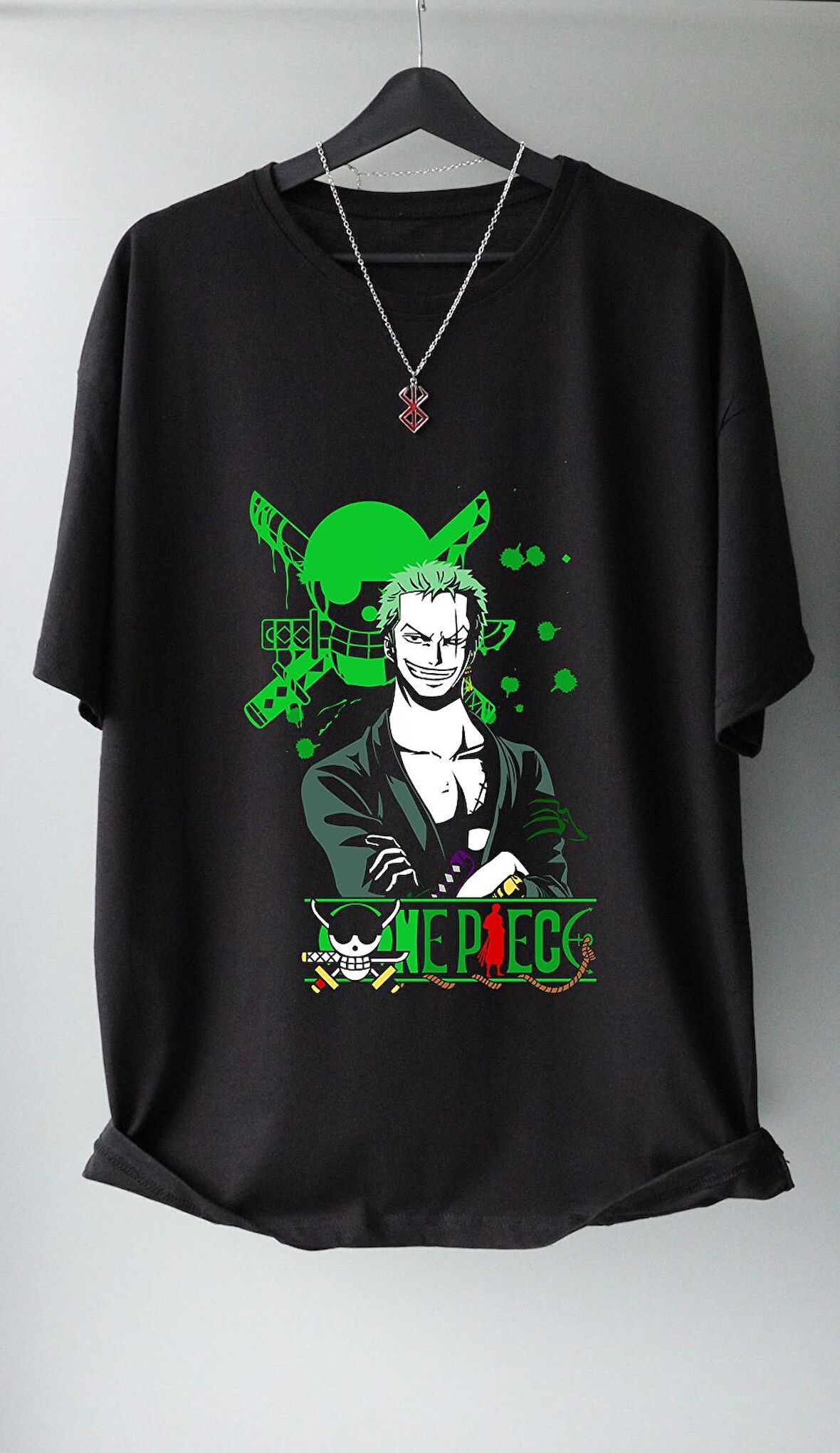 Unisex Oversize One Piece Zoro Tişört, Erkek-Kadın Anime Baskılı T-Shirt