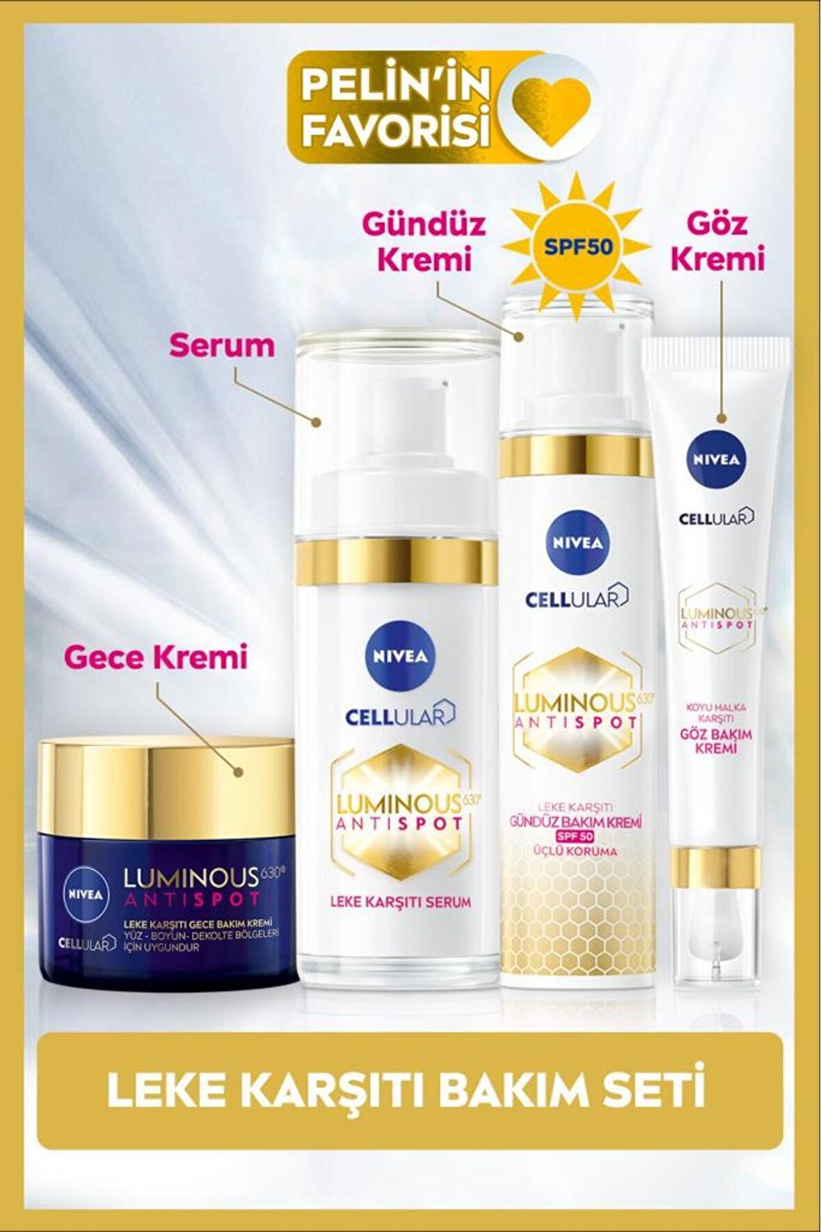 Nivea Luminous630 Leke Karşıtı Cilt Bakım Seti, Gündüz Yüz Kremi 50ml, Gece Kremi, Cilt Serumu, Göz Kremi