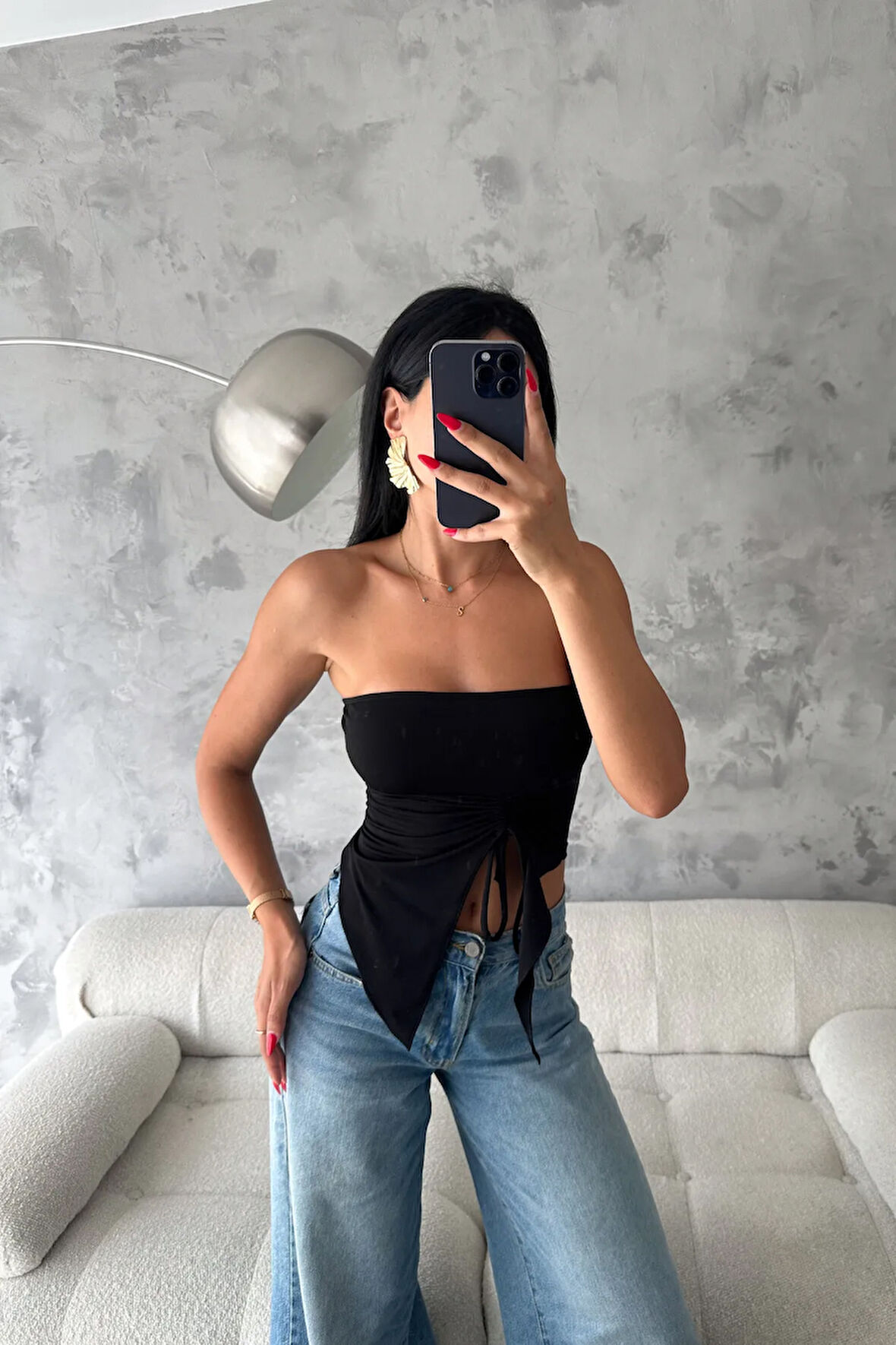 Straplez Ön Büzgülü Sandy Kumaş Bluz Siyah