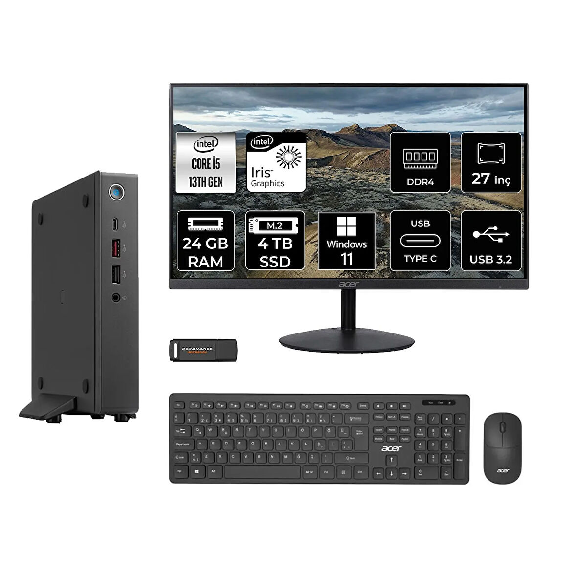 Acer Veriton 2000 i5 1334U 24GB 4TB SSD 27" FHD W11P Mini Masaüstü Bilgisayar & PER4 USB Bellek