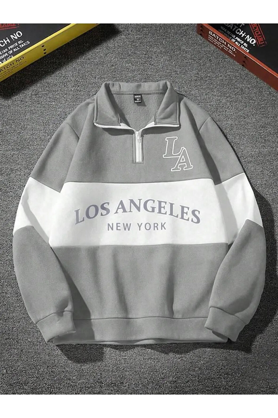 Erkek Gri Beyaz Çizgili Fermuarlı Sweat