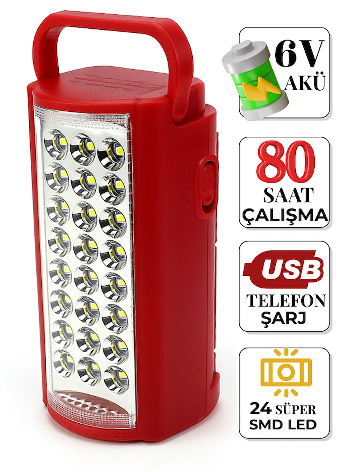 24 LED 80 Saat Şarjlı Kamp Lambası – Telefon Şarjlı, Elektrik Kesilince Otomatik Yanan Işıldak