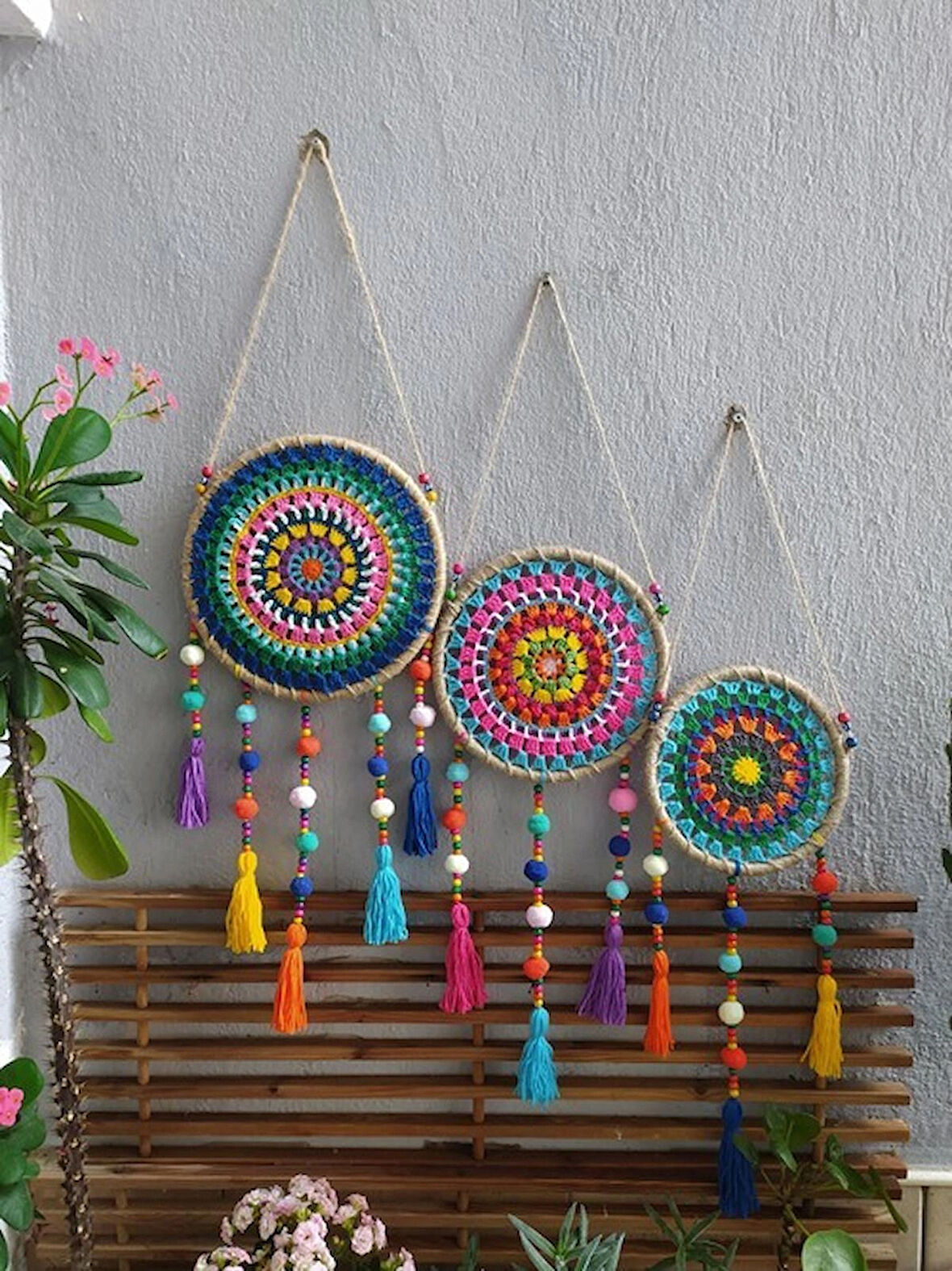 duvar süsü makrome mandala motifli 3 lüset