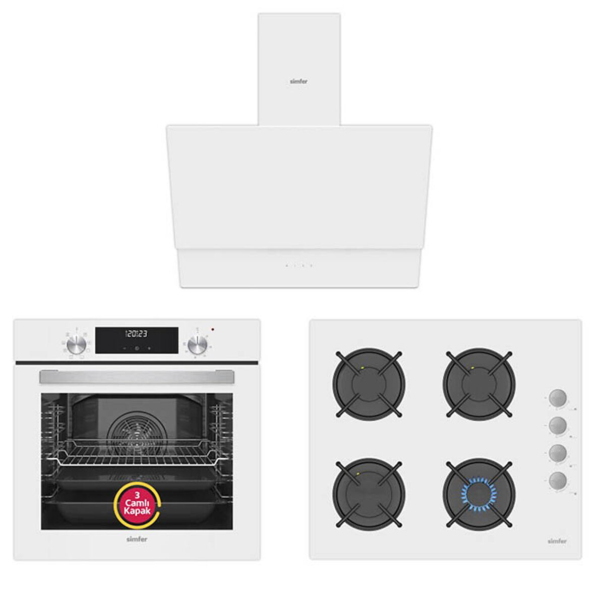 Simfer 9 Fonksiyon QS Dijital Beyaz Ankastre Set (8209 Fırın + 3507 Ocak + 8704 Davlumbaz)