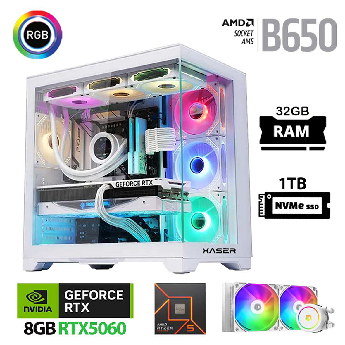 Xaser Lexus x570 Ryzen 5 7500F 32GB Ram 1TB M.2 NVMe SSD 8GB RTX5060 Sıvı Soğutmalı Beyaz Oyuncu Bilgisayarı