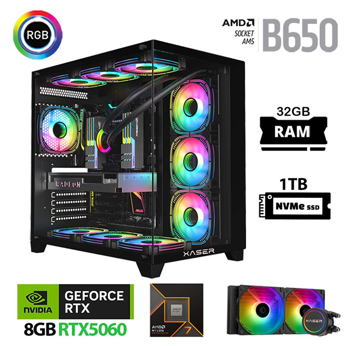 Xaser Lexus x640 Ryzen 7 7800X3D 32GB Ram 1TB M.2 NVMe SSD 8GB RTX5060 Sıvı Soğutmalı Oyuncu Bilgisayarı