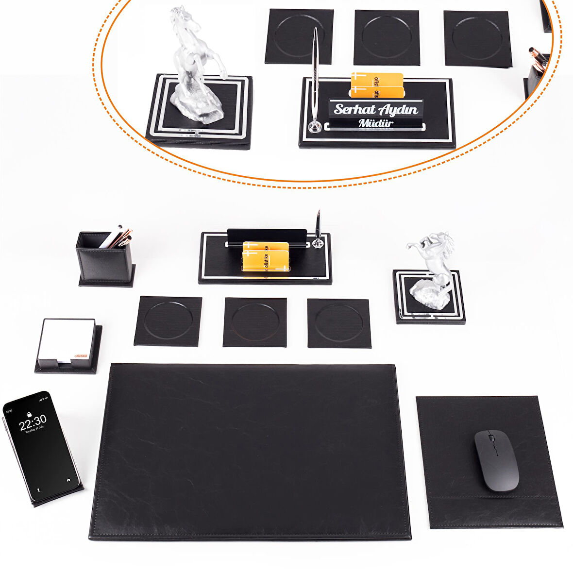 Opta 10 Parça Şahlanan At Biblolu Siyah Deri Sümen Seti Takımı Gümüş Ofis Masa İsimliği Lüks İsimlik