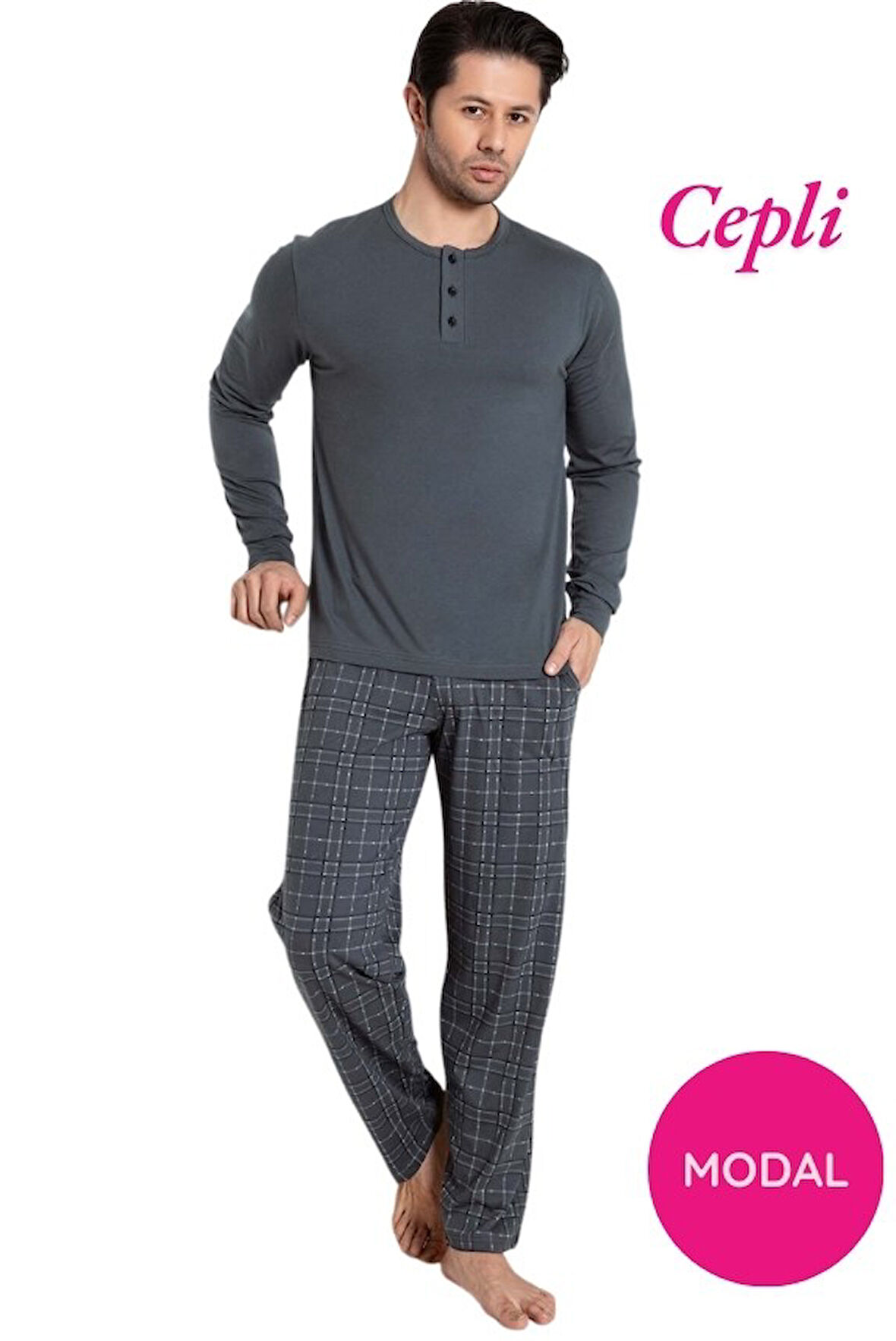 Erkek 3 Düğmeli Ekose Desen Pamuk Likra Mevsimlik Modal Uzun Kol Manşetli Cepli Pijama Takımı