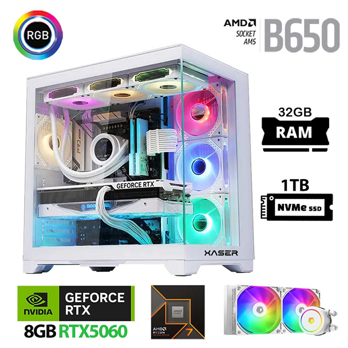 Xaser Lexus x580 Ryzen 7 7700 32GB Ram 1TB M.2 NVMe SSD 8GB RTX5060 Sıvı Soğutmalı Beyaz Oyuncu Bilgisayarı
