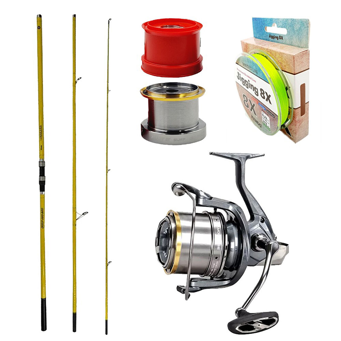 YekOutdoor Yüksek Performans Okuma Olta Seti Okuma Makaira Surf 4,50 cm 100-250 3 Parça Yellow Surf Kamışı&Okuma Flite Surf FLS35-1500AY Gunsmoke 9+1BB Olta Makinesi