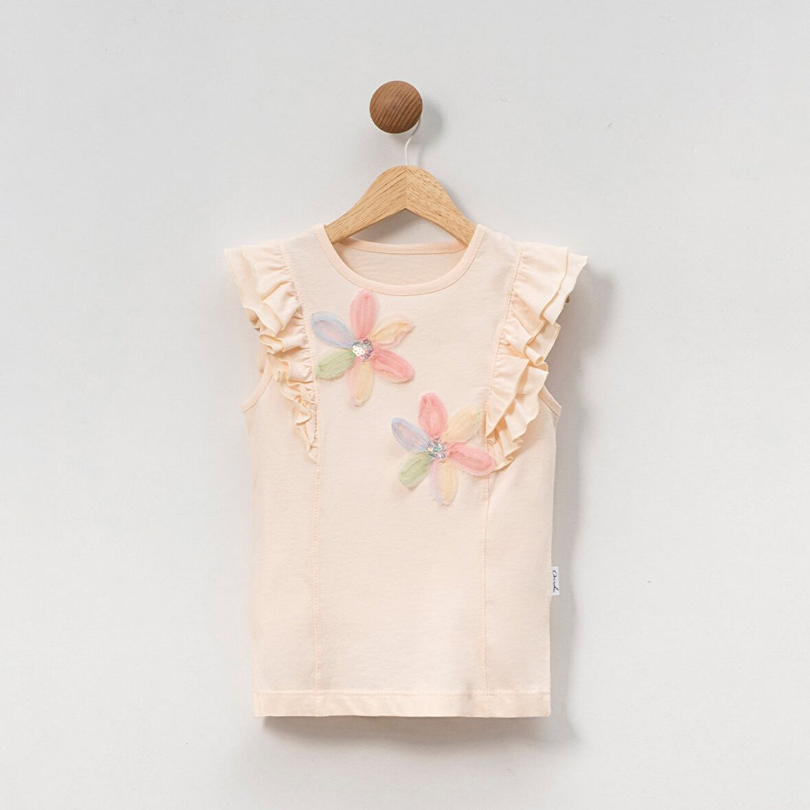 Kız Çocuk Çiçekli Fırfırlı Kısa Kollu %100 Pamuklu T-shirt