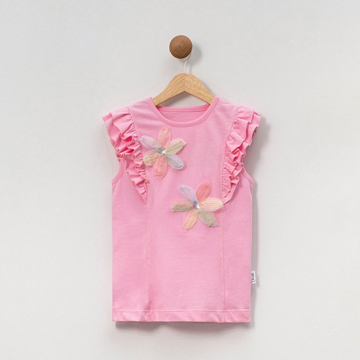 Kız Çocuk Çiçekli Fırfırlı Kısa Kollu %100 Pamuklu T-shirt