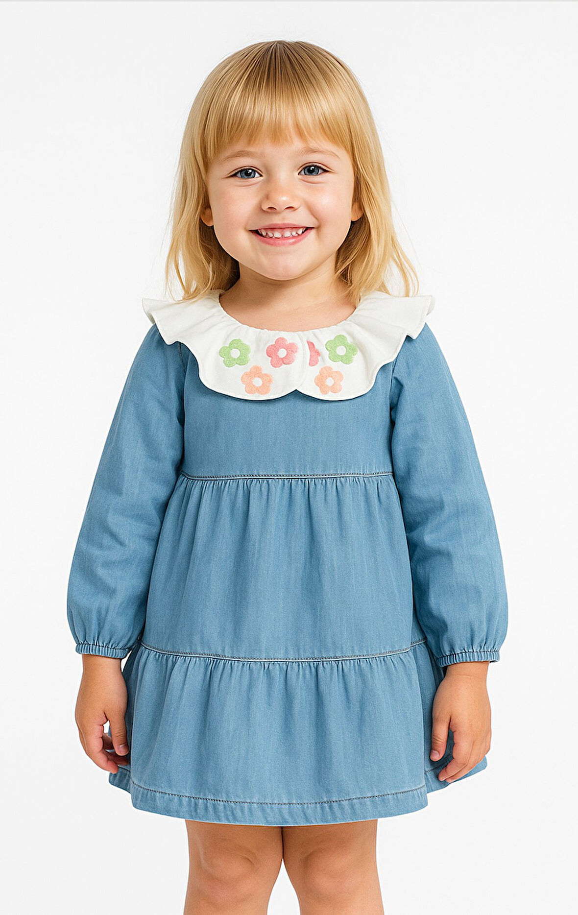 Bebe Yaka Nakışlı Uzun Kollu Kız Çocuk Kot Elbise