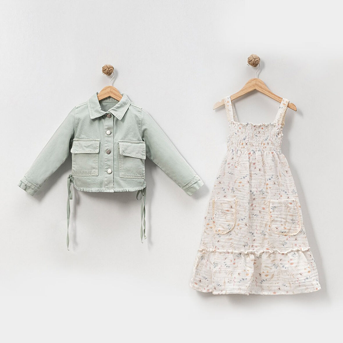 Kız Çocuk Müslin Elbse Kot Ceket İkili Takım