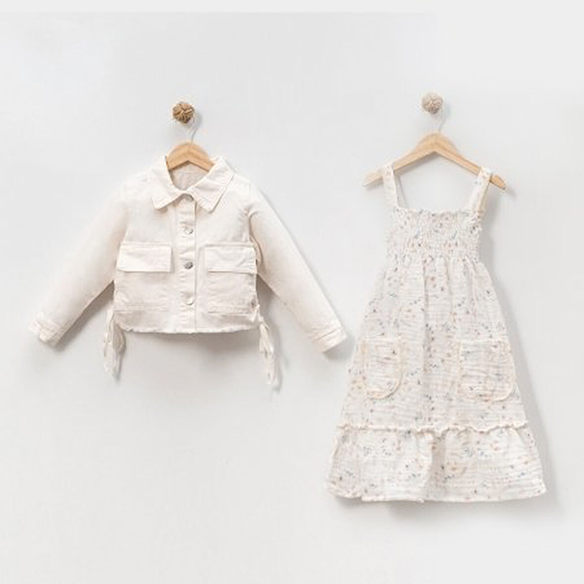 Kız Çocuk Müslin Elbse Kot Ceket İkili Takım