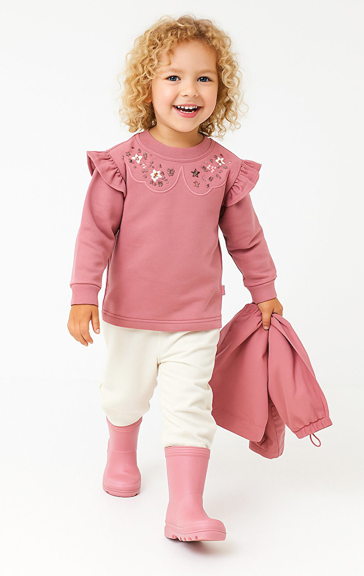 Fırfırlı Yakası Çiçek Nakışlı 2 İplik Uzun Kol Kız Çocuk Sweatshirt