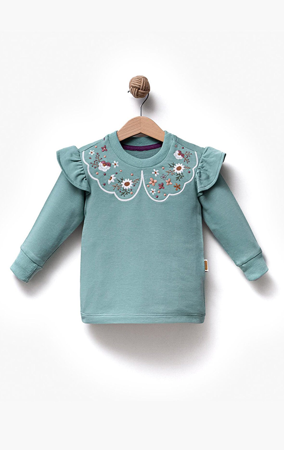 Fırfırlı Yakası Çiçek Nakışlı 2 İplik Uzun Kol Kız Çocuk Sweatshirt