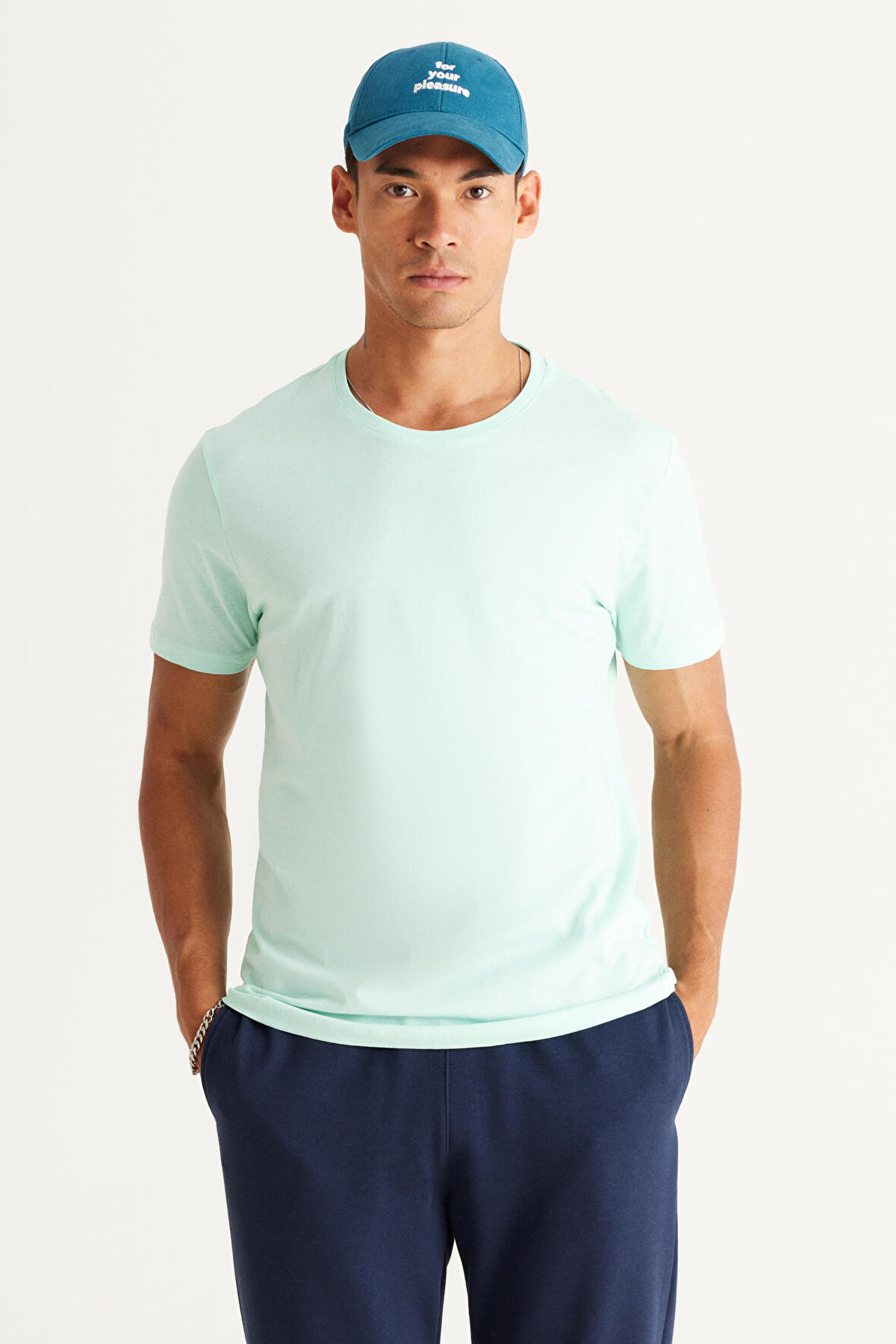 Erkek Mint %100 Pamuk Slim Fit Dar Kesim Bisiklet Yaka Kısa Kollu Tişört