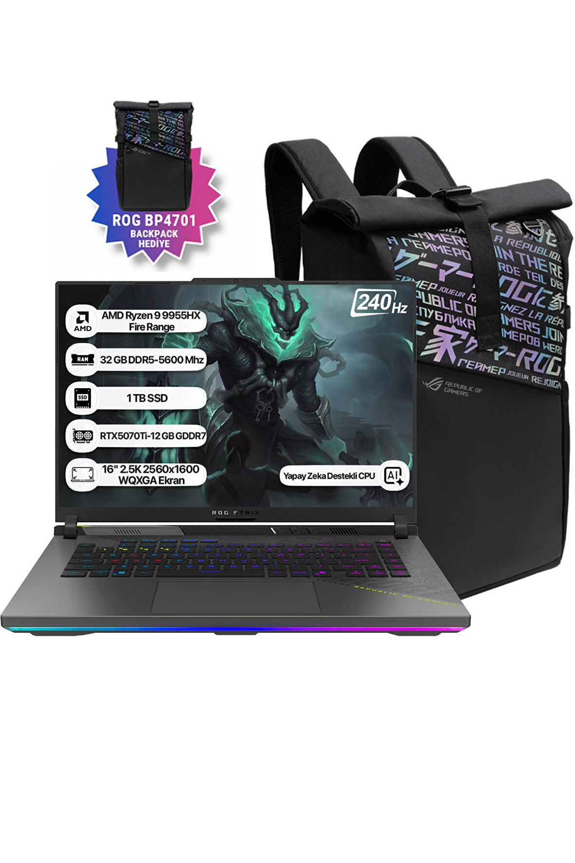 Asus Rog Strix G16 G614FR-S5111 Ryzen 9 9955HX 32GB 1TB SSD RTX5070Ti-12GB Dos 16" 240Hz WQXGA Taşınabilir Bilgisayar