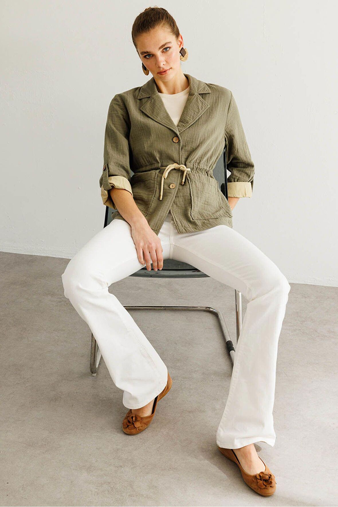 Kadın Beli Bağlamalı %100 Pamuk Ceket Haki