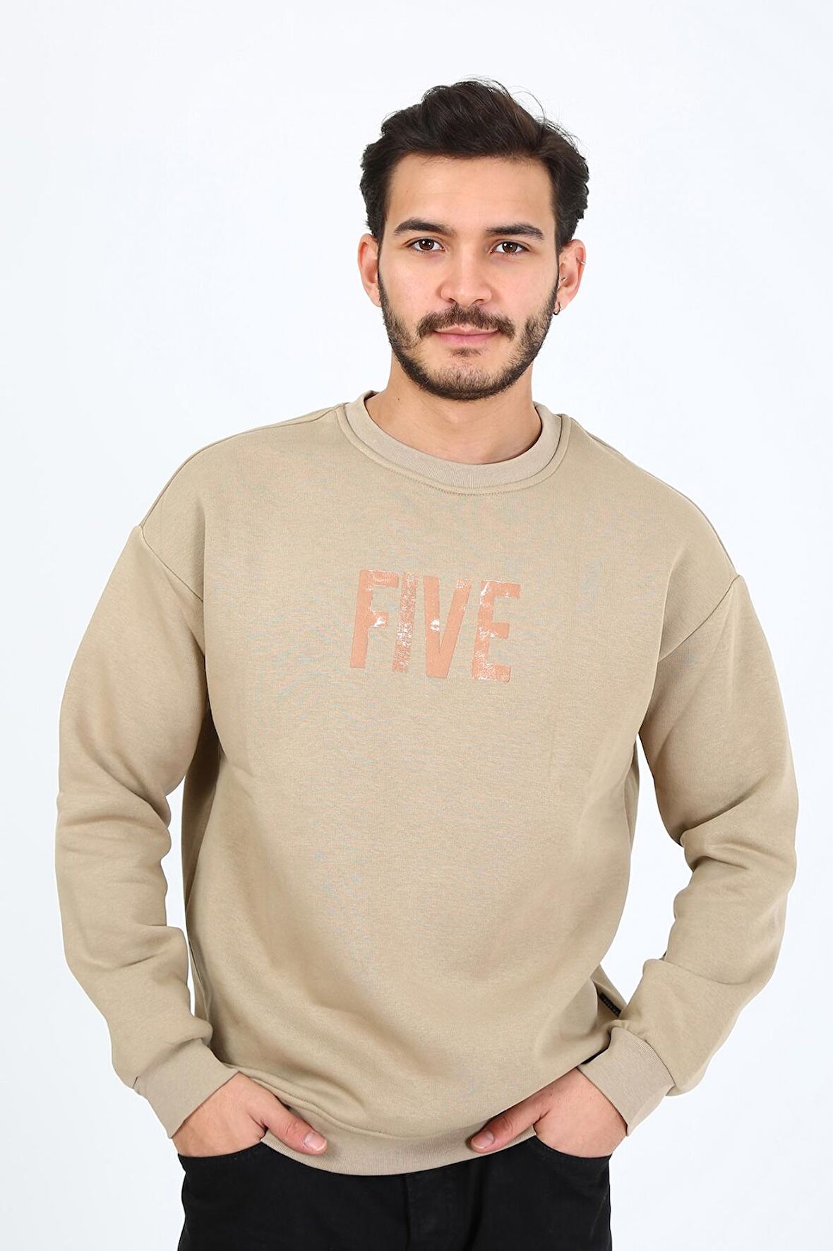 Fıve Pocket Erkek Bisiklet Yaka Sweatshırt - Bej