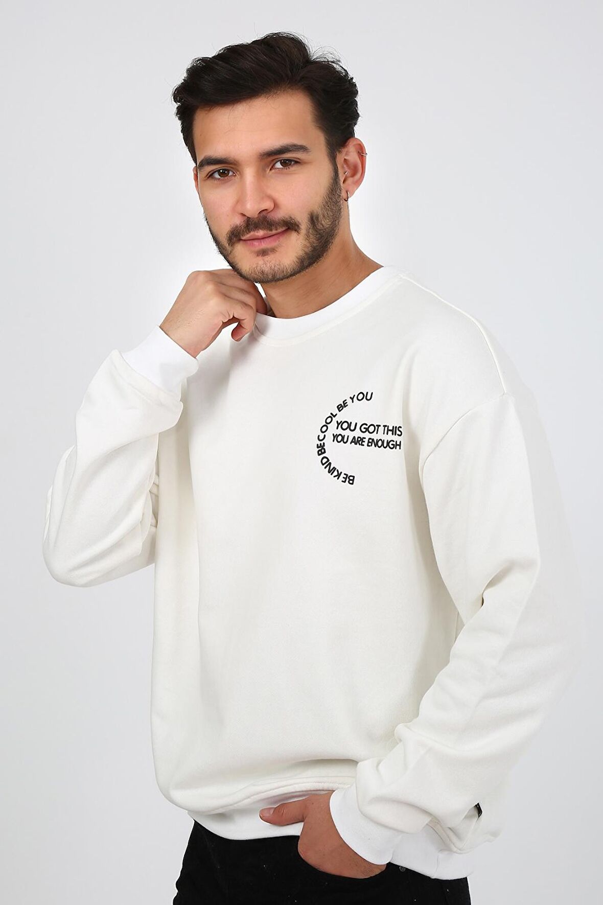 Fıve Pocket Erkek Bisiklet Yaka Sweatshirt -Ekru