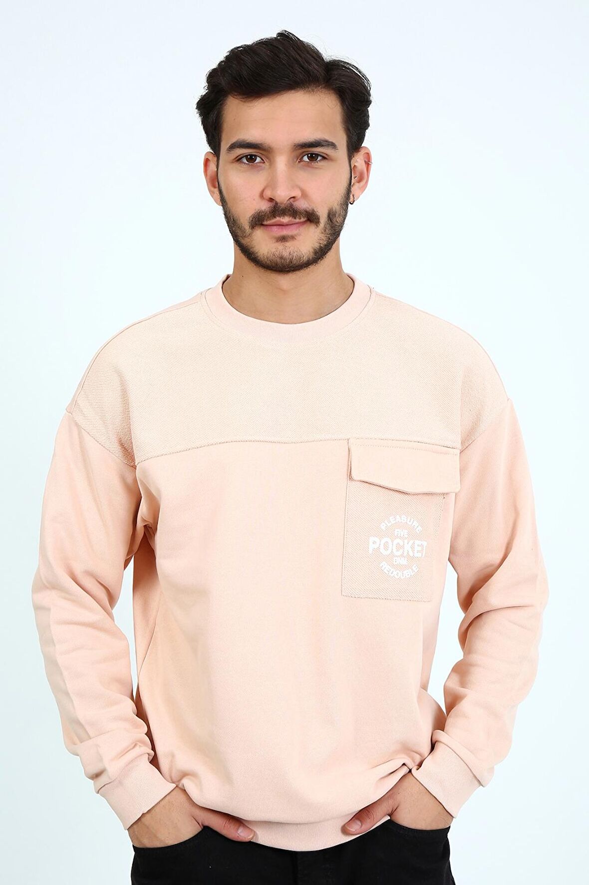 Fıve Pocket Erkek Bisiklet Yaka Sweatshırt - Pembe