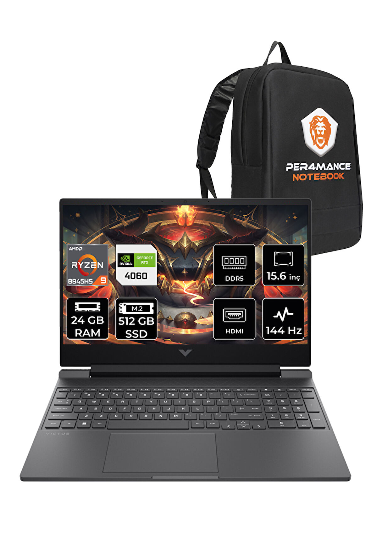 HP Victus 15 R9 8945HS 24GB RAM 512GB SSD RTX4060/8GB 144Hz 15.6'' FHD FDOS Gaming Laptop & PER4 ÇAN
