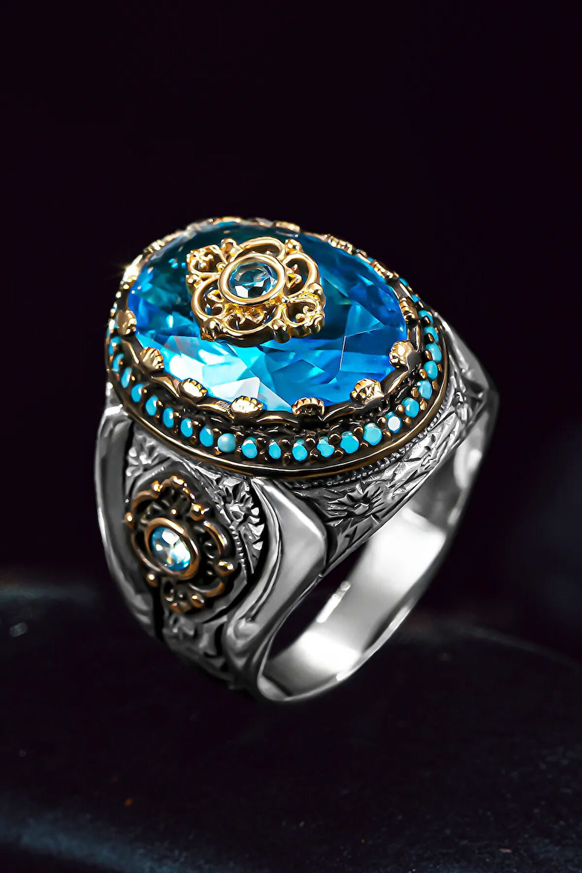 Erkek Gümüş Yüzük - Faset Kesim Akuamarine Zirkon Taşlı 925 Ayar Erkek Yüzük