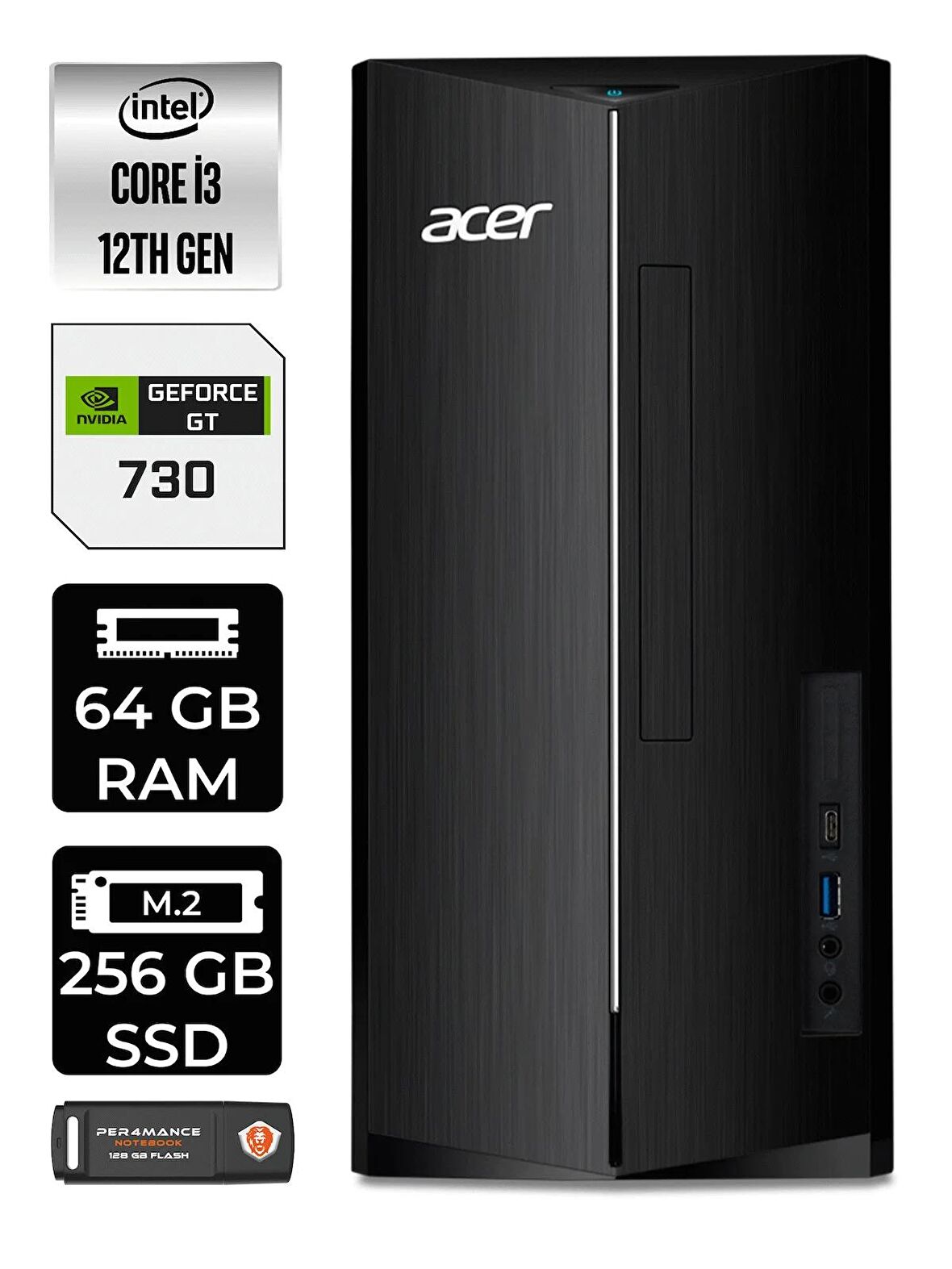 Lenovo NEO 50T i3 12100 64GB RAM 256GB SSD RX550/4GB W11HOME 11SC001ATX MASAÜSTÜ PC & PER4 BELLEK